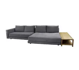 Mørkegrå sofa med venstre armlæn, højre sidebord og en loungedel til afslapning.